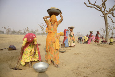 Women working on a rainwater harvesting project near the village of Paladi Bhopatan. The women work digging channels for underground aquafers to direct water if/when it rains. The area has been suffer...