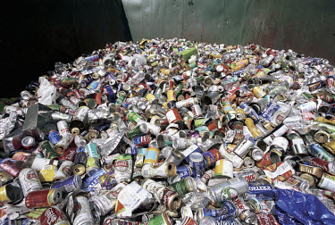 A pile of aluminium drinks cans at a recycling collection facility in West London.