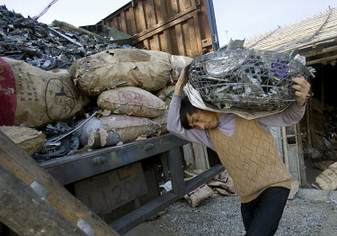 Wu Yuenxi, a migrant worker, carries a basket of tin, which has been extracted from electronic trash at a nearby e-waste recycling workshop. Every year Guangdong receives more than a million tons of c...