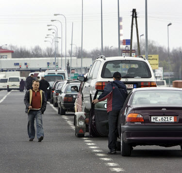 Long line of cars on the eastern border of the European Union (EU) between Poland and Belarus.