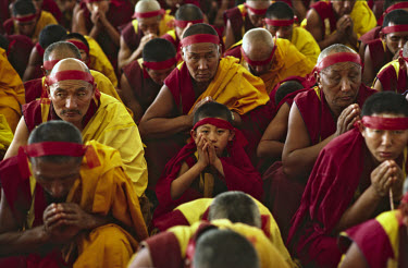 Monks at the Kalachakra Buddhist festival listening to the teachings of the Dalai Lama in Bodh Gaya.