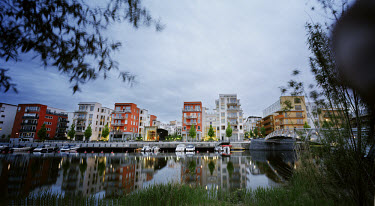Waterfront apartments in Hammarby Sjostad. The Hammarby Sjostad district, a former brownfield site, is now being redeveloped to provide environmentally friendly, ecologically sustainable residential h...