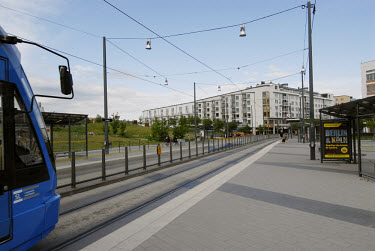 A tram line (connecting with the metro network and Stockholm city centre) in Hammarby Sjostad. The Hammarby Sjostad district, a former brownfield site, is now being redeveloped to provide environmenta...