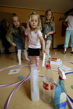 Children playing a recycling game at Skeppets Forskola primary school in Vaxjo, the lowest carbon emitting city in Europe.
