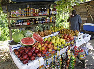 A roadside shop selling fruit and other snacks.
