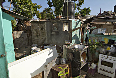 The "kitchen" of Violet Lodge. The building's walls and roof were blown off by Hurricane Ivan.