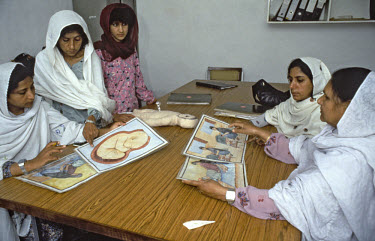 Community midwives on a training course studying pictures showing best practice.