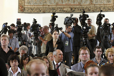 Journalists in the press centre at Prague Castle waiting for the first speech of US President George W. Bush during his visit to the Czech Republic.