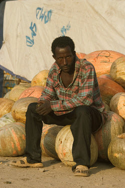 A pumpkin trader at a wholesale market.