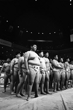 Young Rikishi Sumo wrestlers line up for the winners ceremony. 450 children, aged between 11-14, qualified for the All Japan Wanpaku Sumo Tournament held at the Ryogoku Kokugikan Stadium.