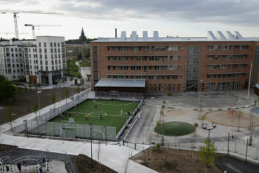 A five-a-side football pitch and recreational area in Hammarby Sjostad. The Hammarby Sjostad district, a former brownfield site, is now being redeveloped to provide environmentally friendly, ecologica...