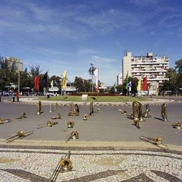 Trombones and other brass instruments in Freedom Square before the parade on Workers' Day (Labour Day) on the 1st May 2007.