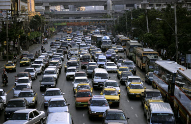 Cars in a traffic jam along Ratchadamri Road.