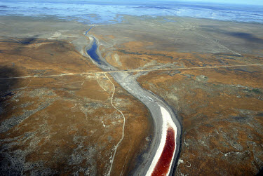 Aerial view of a river system as it approaches the Caspian Sea in west Kazakhstan.