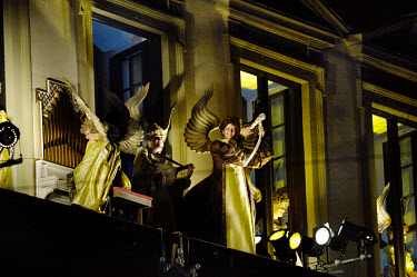 Unique to Augsburg's Christkindlemarkt (Christmas market), young women dressed as angels and carrying musical instruments look out over the market from the Rathaus (City Hall). There are twenty-four a...