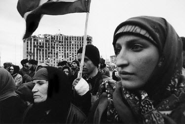 Chechens demonstrate to end the war in central Grozny in front of the presidential palace.