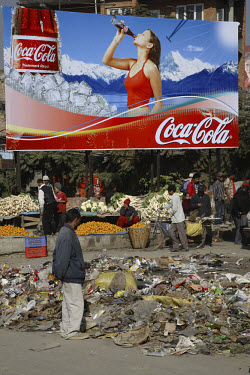 Non bio-degradable rubbish accumalates under a Coca-Cola hoarding depicting an idealized countryside.