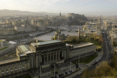 Edinburgh seen from Nelson's Monument at Calton Hill. Governor's house in the front and the Old Town and Castle on the rock in the background.
