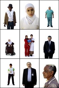 A composite image of staff and patients in the Nazareth Hospital: Left to right, then top to bottom - Fantahun Daruso (64 years old, Ethiopian Jew, Patient), Aber Jabareen (20, Muslim, Nurse), Henry H...