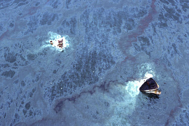 The Amoco Cadiz, a VLCC (Very Large Crude Carrier), split in two after running aground on Portsail Rocks, off the coast of Brittany, France, on March 16, 1978. The first large oil spill in history wit...