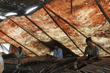 Women in the Shwe Pyi Thar suburb of Yangon (Rangoon), work making roofing from reed, a business that's boomed since the cylone. Earnings however remain meagre, with 100 pieces costing 800 Kyats (70 U...