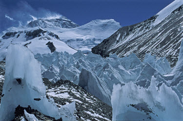 Mount Everest (8,848 metres) viewed from East Rongbuk Glacier, George Mallory's "Magic  Highway", between Camp I (5,460 metres) and Camp II (5,970 metres).