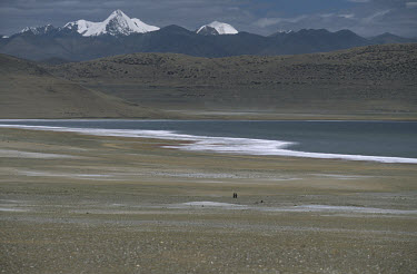 Two people are dwarfed by the landscape as they walk along the banks of a lake with salt deposits, east of Saga town on the Tibetan Plateau.
