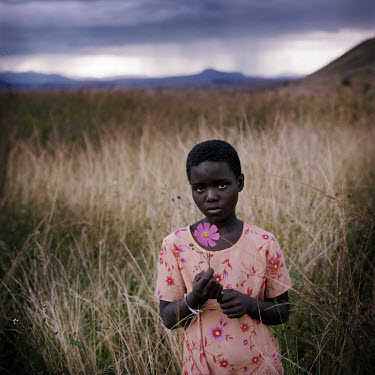 Nontokozo holds a flower in a meadow in the KwaMahowande tribal land of KwaZulu Natal. She is an orphan and lives with her seven cousins and their grandmother who is too frail to look after her grandc...