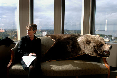Sarah Palin, Governor of Alaska, in her office in Anchorage. In 2008 she was nominated as the Republican candidate for Vice President. The bear was shot by her father.