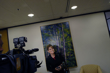 Sarah Palin, Governor of Alaska, gives a TV interview outside her office in Anchorage. In 2008 she was nominated as the Republican candidate for Vice President.