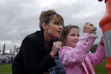 Sarah Palin, Governor of Alaska, with her daughter Piper at a cross country race in Wasilla in which her daughter Willow is taking part. In 2008 she was nominated as the Republican candidate for Vice...