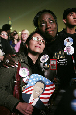 Supporters of Barack Obama gathered in Grant Park, Chicago on the night of the 2008 presidential election for an emotional celebration as Obama became the country's first black president.