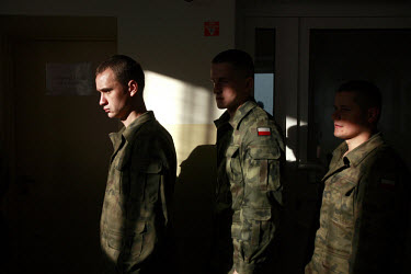 New conscripts queuing up for breakfast. This year's class of drafted recruits is the final one after 90 years of compulsory military service, as Poland's army turns professional in 2009.