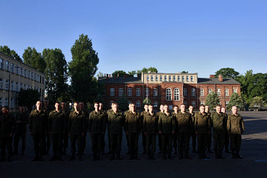 Soldiers standing for early morning assembly. This year's class of drafted recruits is the final one after 90 years of compulsory military service, as Poland's army turns professional in 2009.