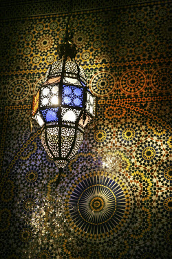 Lamp and tiles in the Moorish style.