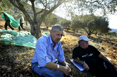 Nabeeh Aldeeb (left), chairman of the Palestinian Olive & Oil Council, and Israeli volunteer Buma, during the olive harvest, in a valley east of Nablus. There were several reports of violent incidents...