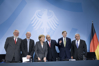 Angela Merkel met with leaders of the world's leading economic organisations for talks on the upcoming G-20 summit, at the Chancellery in Berlin. From left to right: Juan Somavia, Director-General of...