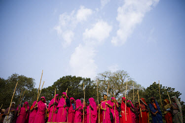 47 year old Sampat Pal Devi (centre), founder and leader of the 10,000 strong Gulabi Gang, leads a group of women on a march through Banda. In the badlands of Bundelkhand, one of the poorest parts of...