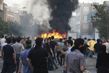 Demonstrators on Khosh Street set light to a barricade. Following a disputed election result, thousands of supporters of opposition candidate Mir-Hossein Mousavi took to the streets in protest.