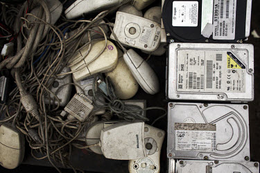 Computer mice and hard drives on sale at Agbogbloshie dump, which has become a dumping ground for computers and electronic waste from all over the developed world. Hundreds of tons of e-waste end up h...