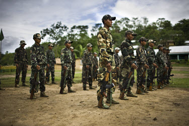 Cadres of the Dimasa militant group, Dima Halim Daogah (Jewel faction), also known as Black Widow, during daily weapon training drills at the designated camp in Basabari on the outskirts of Mibang. Re...