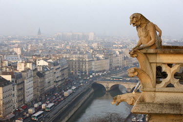 An aerial view over Paris from the roof of Notre Dame cathedral, with traffic on the left bank of the river Seine.