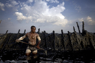 A man removes mud from a salt pan in Lake Katwe.  Mud gathers on the bed of the pan and must be taken out before salt can be extracted. The mud is used to build up the walls of the pan. The people of...