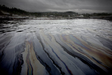 Oil floating on the sea along the coast of Langesund following an oil spill. The 167 metre long cargo ship Full City ran aground at Saastein, just south of the town of Langesund, carrying around 1,000...