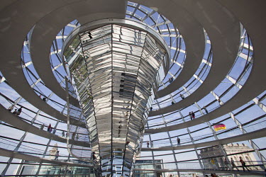 Dome of the restored German Reichstag (Parliament). Designed by British architect Norman Foster, the dome incorporates energy saving green design on top of the famous historical building, using mirror...