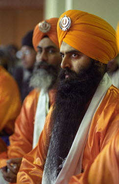 A Khalsa ('pure', baptised) Sikh, during celebrations marking the festival of Baisakhi at a Sikh Temple (Gurdwara) in Leicester.