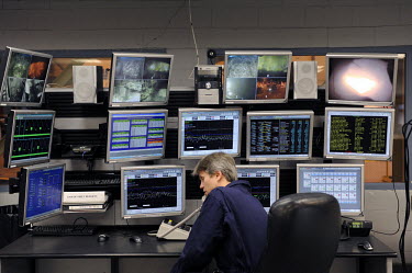 The control room at Covanta Waste-to-Energy plant, Westbury, New York. The plant feeds rubbish into giant furnaces that produce steam to turn a turbine and produce electricity.