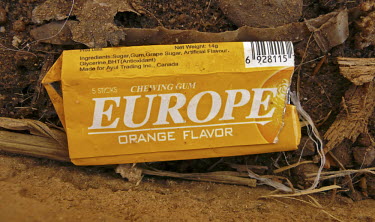 A Europe chewing gum wrapper on the ground in Gao. Gao is a transit point for migrants who are trying to cross the land to get into Europe in search of a better life.