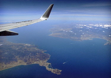 The Strait of Gibraltar seen from the plane. At the narrowest point Spain (on the right side in the image) is not more than 14 kilometres away from Morocco.