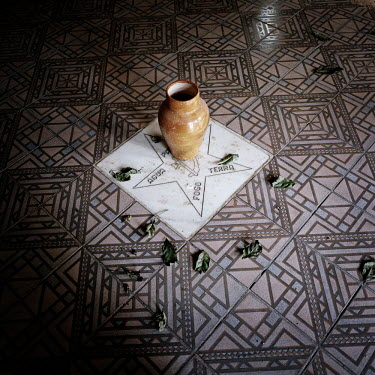 The five basic elements; water, fire, earth, wind and peace are written on the floor of a Candomble Terreiro (Temple).